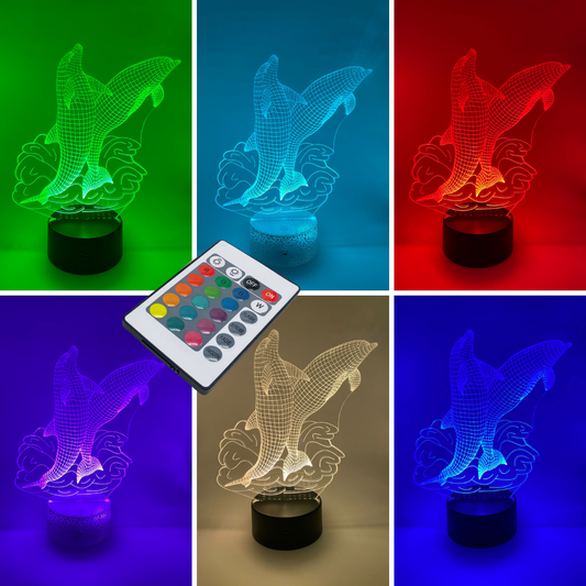 Dolfijnen 3D LED lamp RGB kleuren β instelbare kleuren en dimbaar, ideaal cadeau voor kinderen en volwassenen.