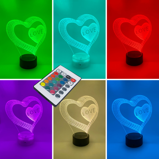 Kleurrijke 3D hart lamp met instelbare kleuren, leuk als cadeau.