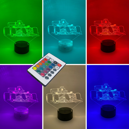 Formule 1 3D LED lamp RGB kleuren β instelbare kleuren en dimbare LED, ideaal als cadeau voor autosportfans.