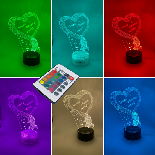 3D LED lamp Hart van Lint β strakke lijntekeninglamp met hartvormig design, verstelbare kleuren en keuze uit verschillende lampvoeten.