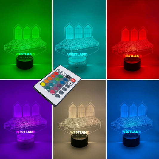 3D LED lamp Westland lijntekening β sfeervolle decorlamp met verstelbare kleuren en keuze uit diverse lampvoeten. Perfect als cadeau.