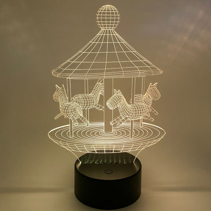 Draaimolen 3D LED lamp in lijntekening stijl, sfeervolle decoratie voor kinderkamer of woonkamer