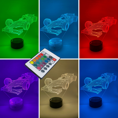 Formule 1 3D LED lamp RGB kleuren – instelbare kleuren en dimbare LED, ideaal als cadeau voor autosportliefhebbers.