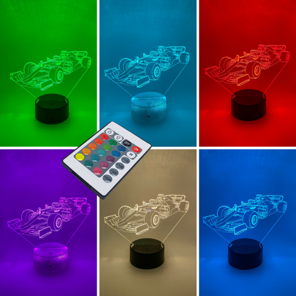 Formule 1 3D LED lamp RGB kleuren – instelbare kleuren en dimbare LED, ideaal als cadeau voor formule 1 fans.