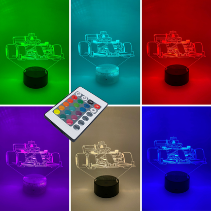 Formule 1 3D LED lamp RGB kleuren – instelbare kleuren en dimbare LED, ideaal als cadeau voor autosportfans.