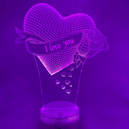 3D LED lamp met Hart en Roos – romantisch cadeau met verstelbare kleuren en stijlvolle voet.