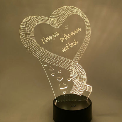 3D Led Lamp - Hart van lint met de tekst - I Love you to the moon and back - mooi cadeau