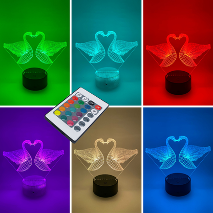 Kussende zwanen lamp, kleurrijke RGB LED verlichting, aanpasbare kleuren.
