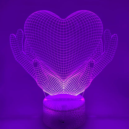 Love Hands LED 3D lamp – lijntekening design met hartvorm, meerdere kleurstanden en voetopties, perfect voor slaapkamer of cadeau.