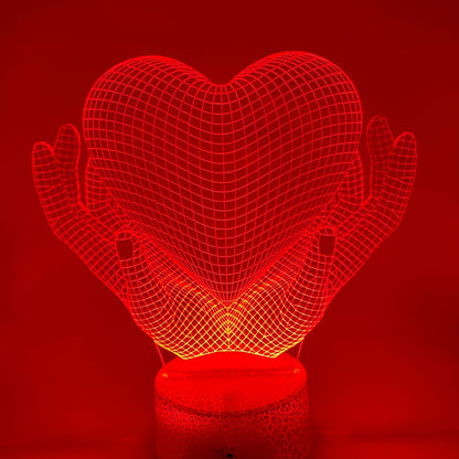 Hart met handen 3D LED lamp – liefdevolle decoratie met verstelbare kleuren en keuze uit verschillende lampvoeten, ideaal als romantisch cadeau.