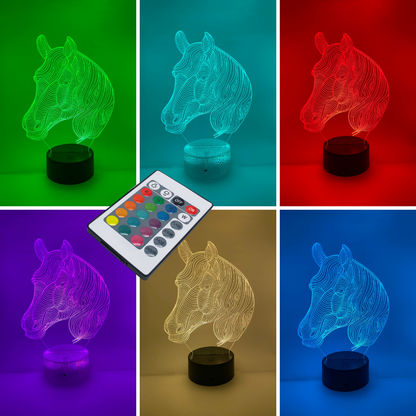 3D LED lamp paardenhoofd RGB – Kleuren instelbaar, modern nachtlampje voor paardenliefhebbers, ideaal cadeau.