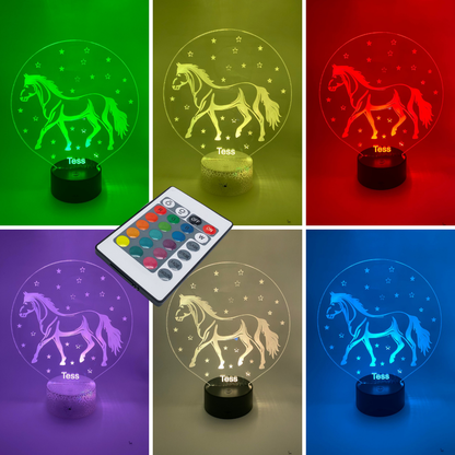 3D LED lamp paard met sterren RGB – verstelbare kleuren, sfeervolle kinderkamerverlichting.