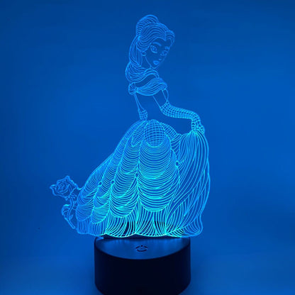 3D LED lamp prinses strakke lijntekening, stijlvol nachtlampje