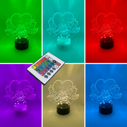 3D LED hart lamp met verschillende kleuren en standen, sfeervol.