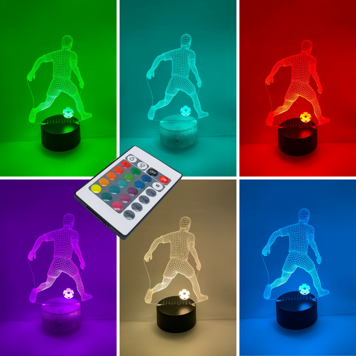 3D LED lamp voetballer 2 met verstelbare kleuren en moderne lampvoet, perfect als cadeau voor voetballiefhebbers