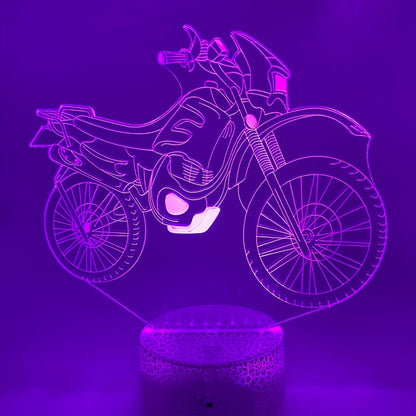 3D LED lamp crossmotor in moderne lijntekening stijl voor kinderkamer.