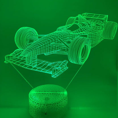 3D LED lamp Formule 1 met kleurverlichting – RGB opties en dimbaar, moderne decoratie voor autosportfans.