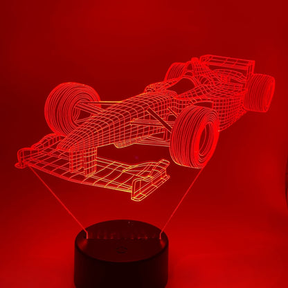 3D LED lamp Formule 1 iconisch ontwerp – moderne racewagen lijntekening, decoratieve verlichting voor autosportfans.
