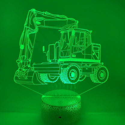 3D LED lamp graafmachine op houten of zwarte lampvoet – stijlvolle bouwlamp voor slaapkamer of woonkamer.