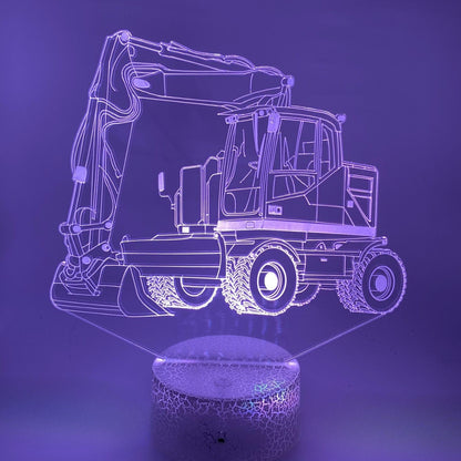 Gepersonaliseerde 3D LED lamp graafmachine met naam – uniek cadeau voor kinderen en bouwliefhebbers.
