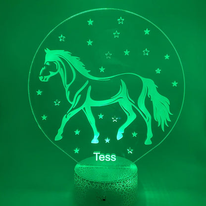 3D LED paard lamp met verschillende lampvoeten – kies uit ronde of rechthoekige basis.