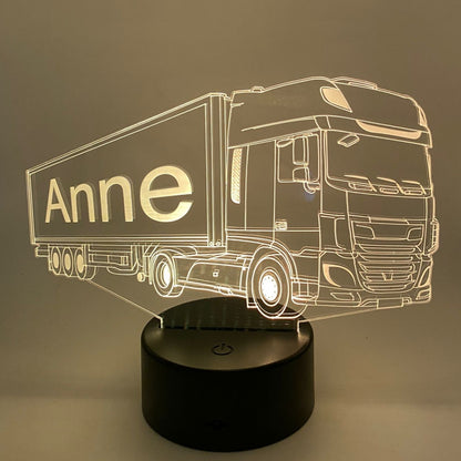 Gepersonaliseerde 3D LED lamp vrachtwagen met naam – uniek cadeau voor kinderen en vrachtwagenliefhebbers.