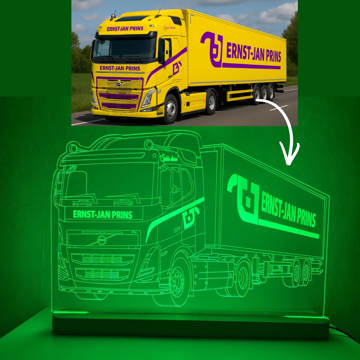 Een lijntekening in 3D Led Lamp van je eigen vrachtwagen